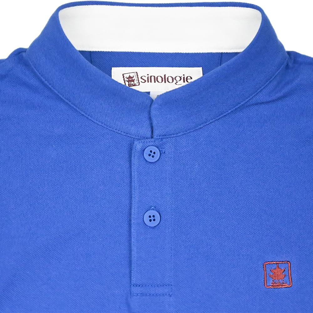 Polo Piquet con Colletto Mao in Cotone Blu, blu, S