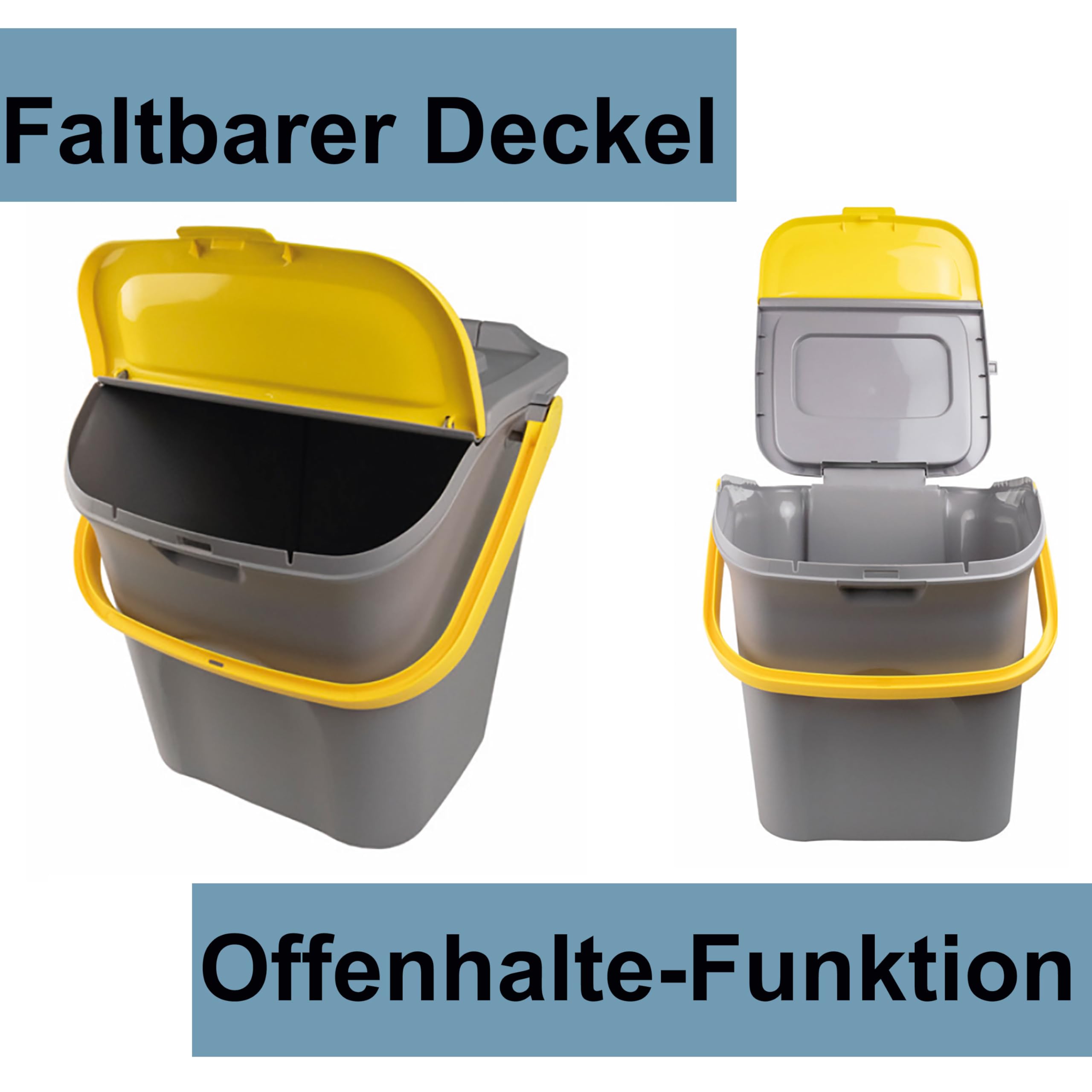 3x Stapelbarer Müllsortierer 28L Grau Faltdeckel GELB GRÜN BLAU 39x37x41cm