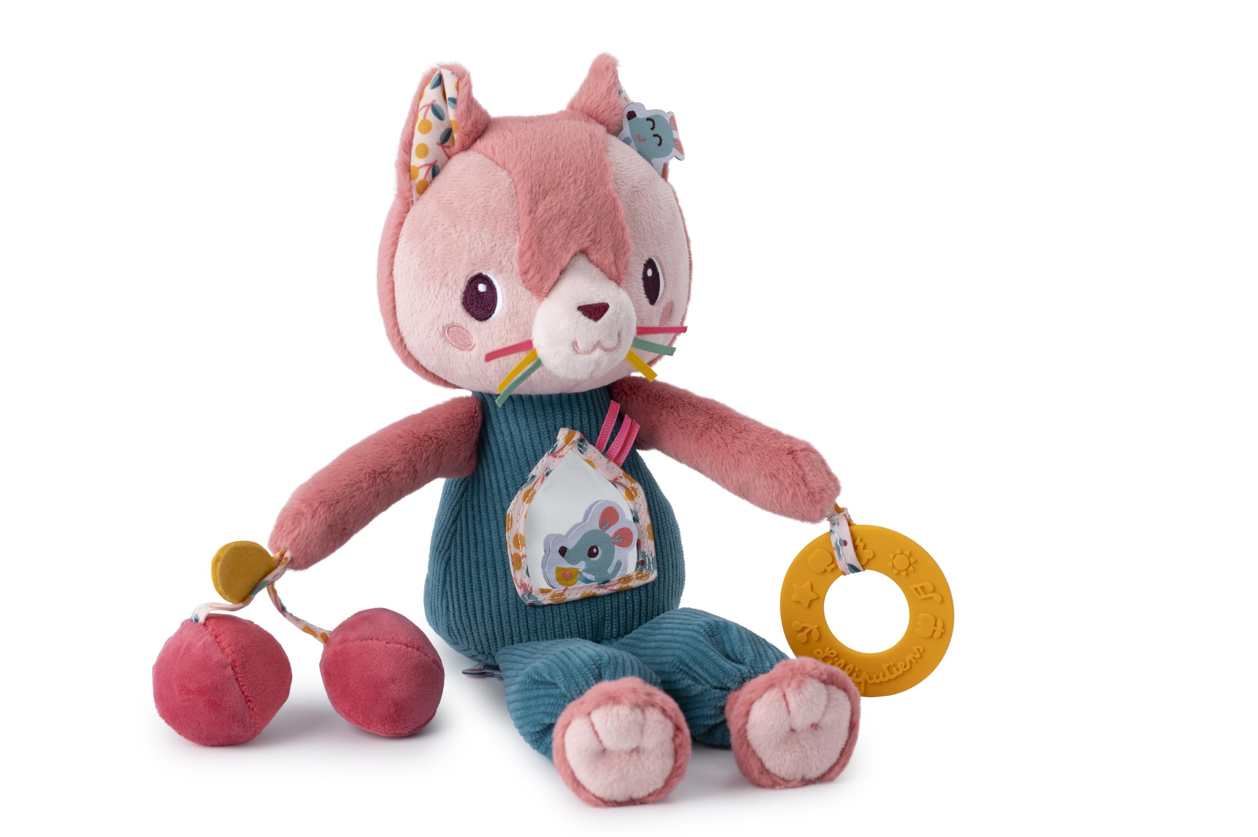 LILLIPUTIENS - Jeanne the Cat activity soft toy - Interactive rattle for babies with mirror, silicone teething ring, bell and paper noise - Stimulates the senses and motor skills - From 9 months