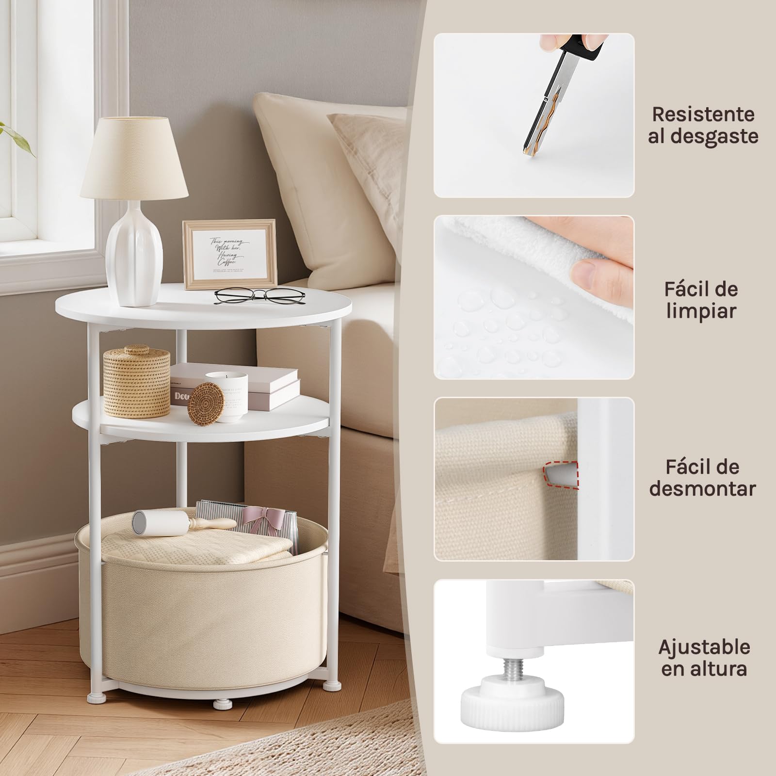 WOLTU Mesita de Cafe Redonda, Mesa Pequeña Auxiliar con Cesta de Lona de Almacenamiento, Estructura de Metal, Mueble Multiuso para Salon, Balcon, Dormitorio, Blanco + Beige