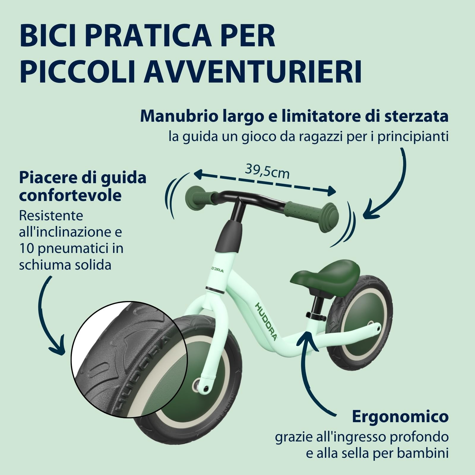 Hudora Bicicletta Cruisy in mint - Bicicletta senza pedali da 15 mesi - Bicicletta leggera con sellino regolabile - Bicicletta per bambini da 78-100 cm - Bici robusta per bambini