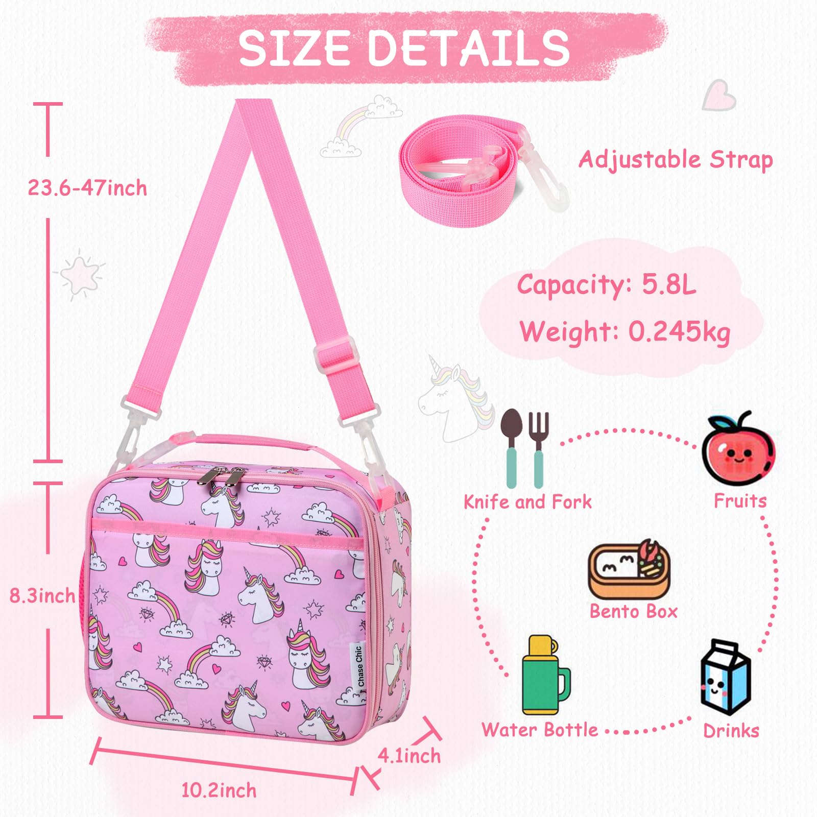 Chase Chic Borsa Termica Bambini, Ragazze Bambino Resistente All'acqua Portapranzo Bambini Scuola 5.8L Borsa Frigo Piccola Bambini per Primaria Viaggi Studenti 3-8 Anni, Unicorno Rosa