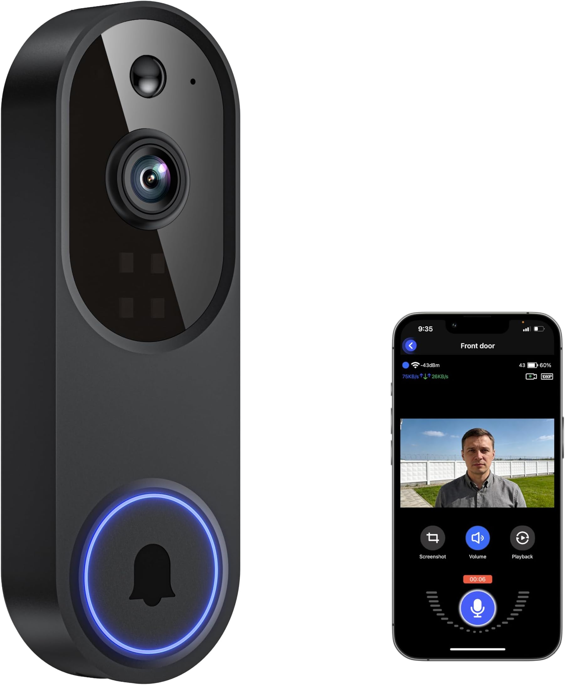 Doorbell Camera M52, Security Camera Outdoor/Indoor, 1080 HD with Night Vision, 4 Infrared Lights, 120° Wide View, Motion Detection Notification, Works with Smartphone, Wireless, Online Support