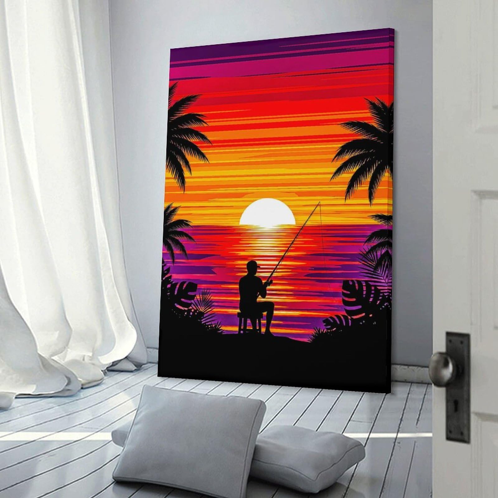 Junmoney Home Decor Wall Art Fisherman at Sunset Tropical Beach, 12x18inch(30x45cm), for Flats, Guest Rooms Or Compact Rooms, Wall Decor with Flexible Room Appeal