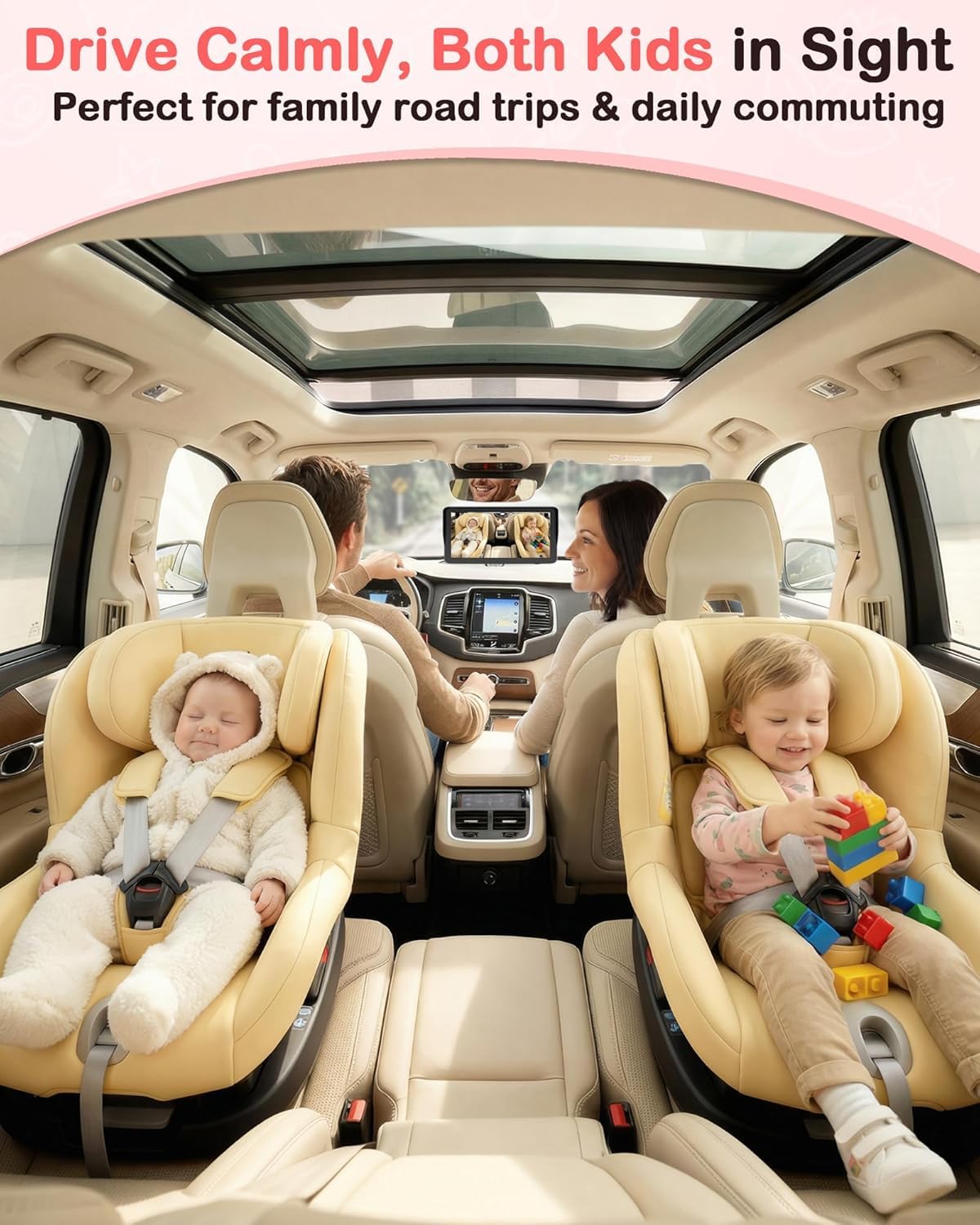 Wkzay Cámara dual HD 1080P para coche de bebé para 2 niños: pantalla dividida de 6.9 pulgadas con 2 cámaras de visión nocturna para asiento de coche - USB de 5 minutos fácil de instalar 360° ajustable