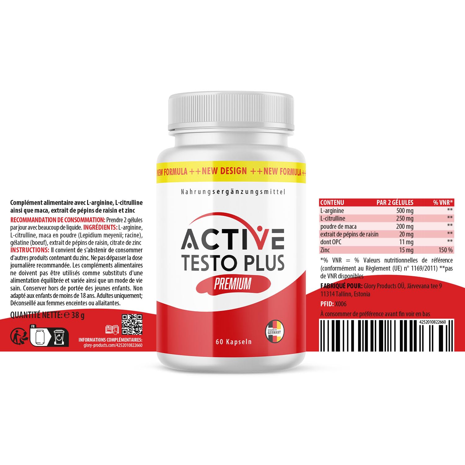Active Testo Plus Premium Gélules | À base de L-arginine, de L-citrulline et de maca | Facile à utiliser | Contenu 60 gélules