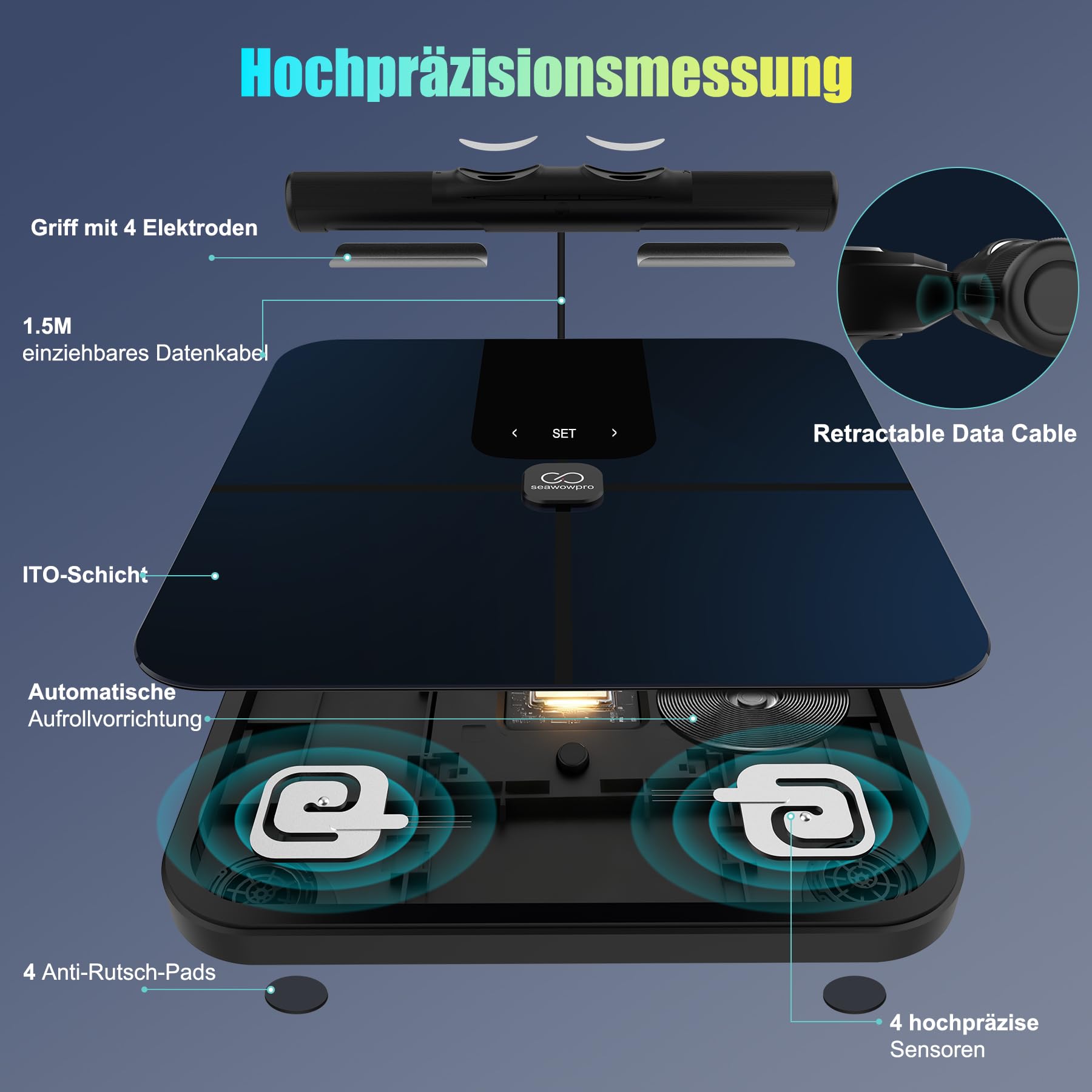 Körperwaage SEAWOWpro – digitale Badezimmerwaage mit 8 Elektroden, 18 Körperdaten, intelligente Personenwaage, max. 400 lb / 180 kg / 28 st