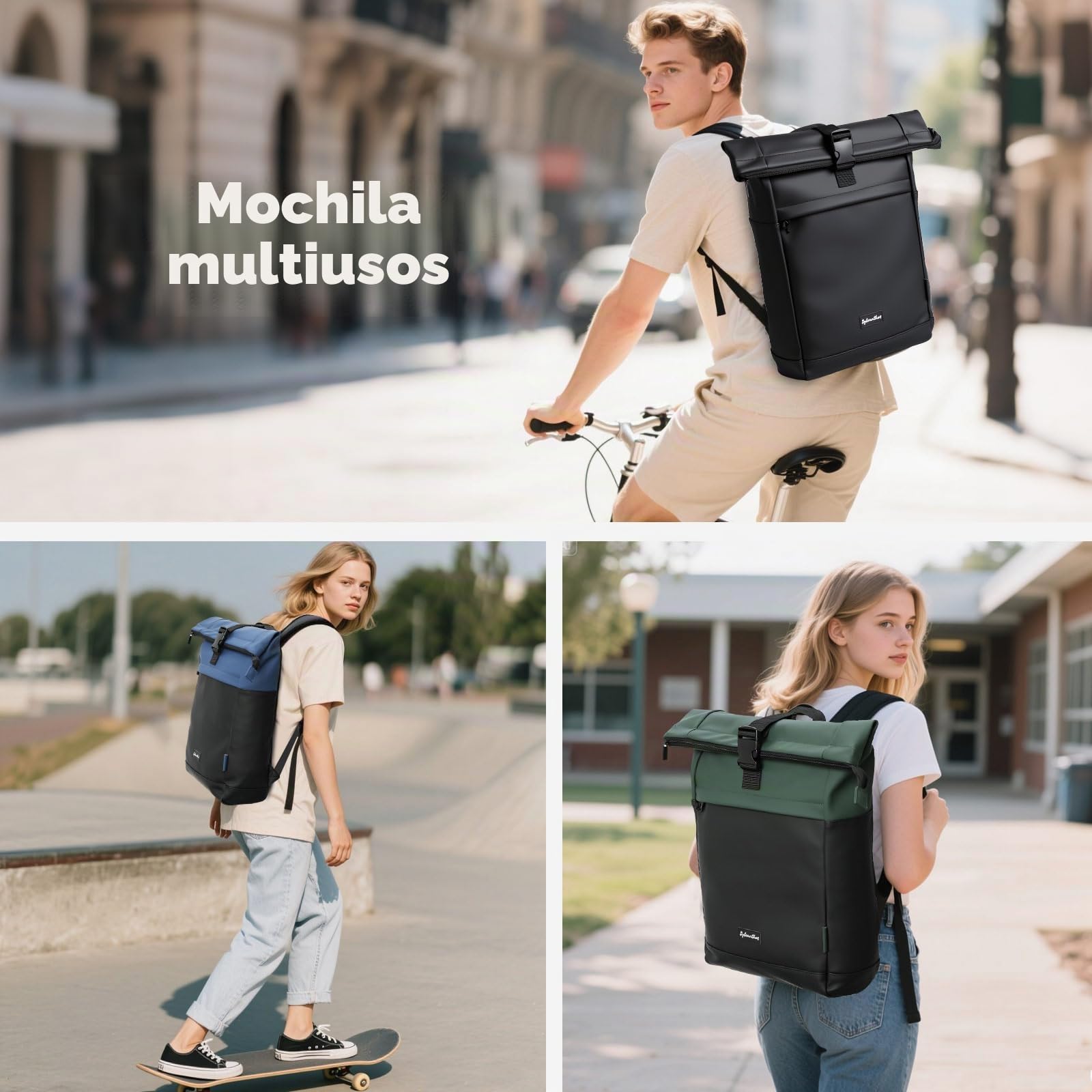 Mochila Enrollable, Mochila Impermeable Antirrobo para Hombre Mujer, Mochilas Roll Top Expandible 18-25L, Mochilas Portatil para Viajes, Trabajo, Escuela y Negocios - Negro