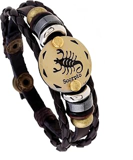 Mens Bracelet,Star Bracelets Scorpion Adjustable Snap Closure 12 Constellation Beaded Bracelet Mens Womens Retro Punk Multi-Layer Premium Leather Cuff Bracelet Gifts for Him Boys, Zoals