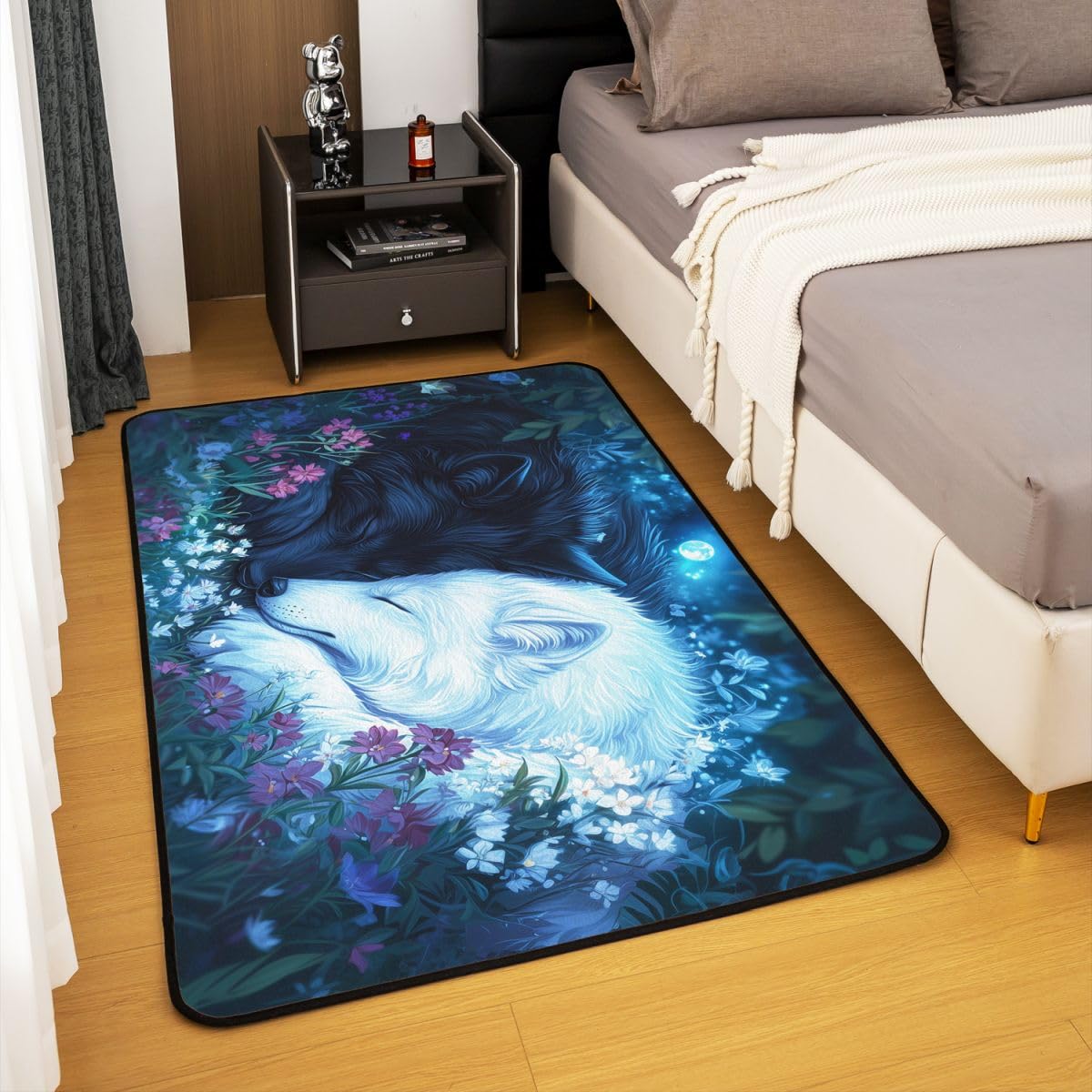 Schwarzer weißer Fuchs Wohnzimmer Teppich 100x150cm Botanisches Blumengrünes Gras Schlafzimmerbereich Teppich für Kinder Teens Wildtiere Indoor Matte Heimdekor