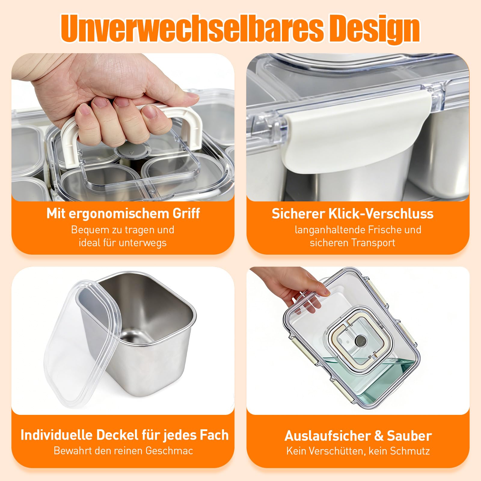 Snackbox mit 8 Edelstahl Fächern Tragbar Snack Aufbewahrungsbox mit Deckel und Griff, Auslaufsicherer Snackdose Organizer für Snacks Süßigkeiten Keksen Dessert GemüseNüsse Obst Gewürze