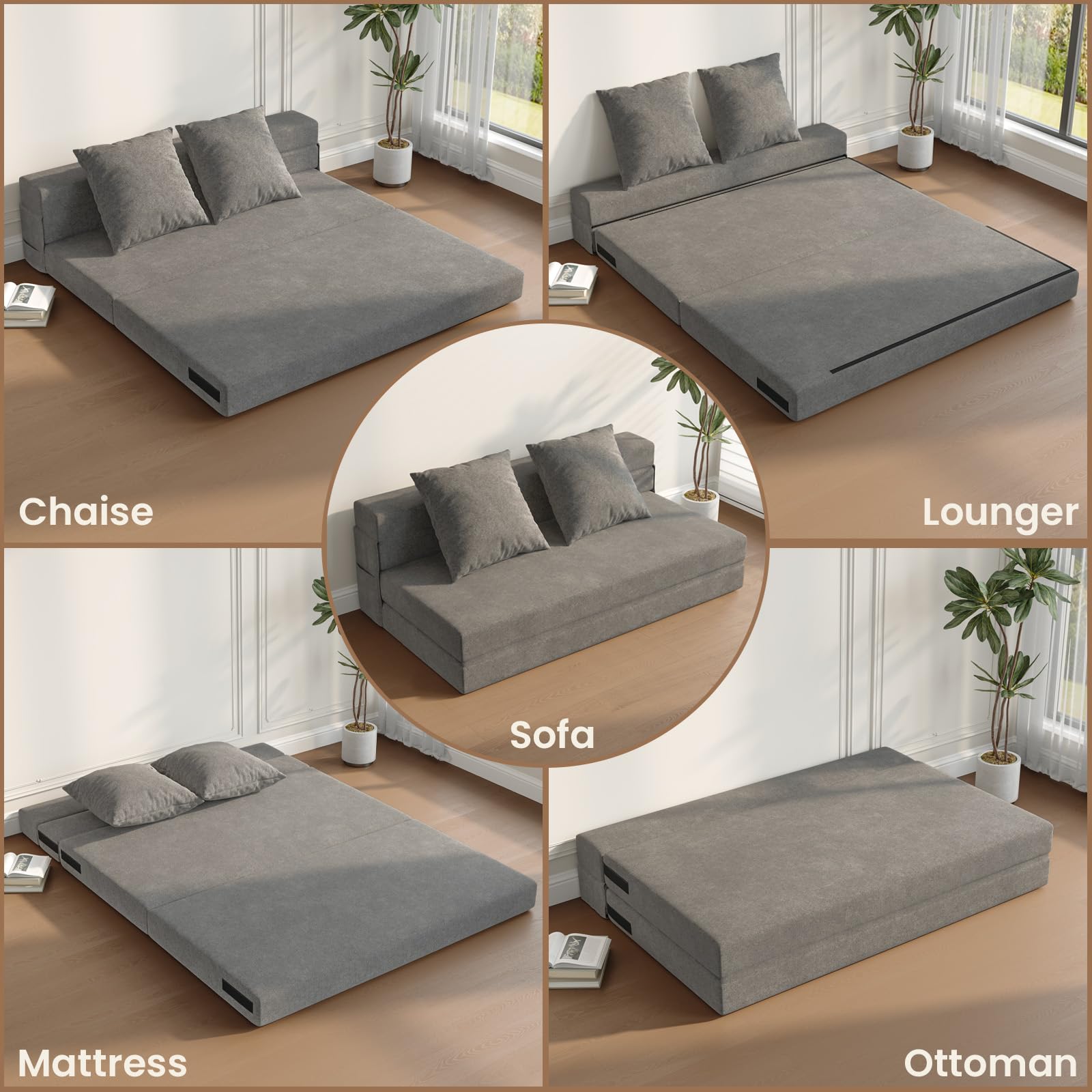 5-in-1 Convertible Folding Sofa Bed Sleeper Chair - Queen, Dark Grey | 60" Fold Out Chair Bed Futon Couch with Pillows, Foldable Floor Mattress for Living Room/Dorm/Guest Use/Home Office/Apartment
