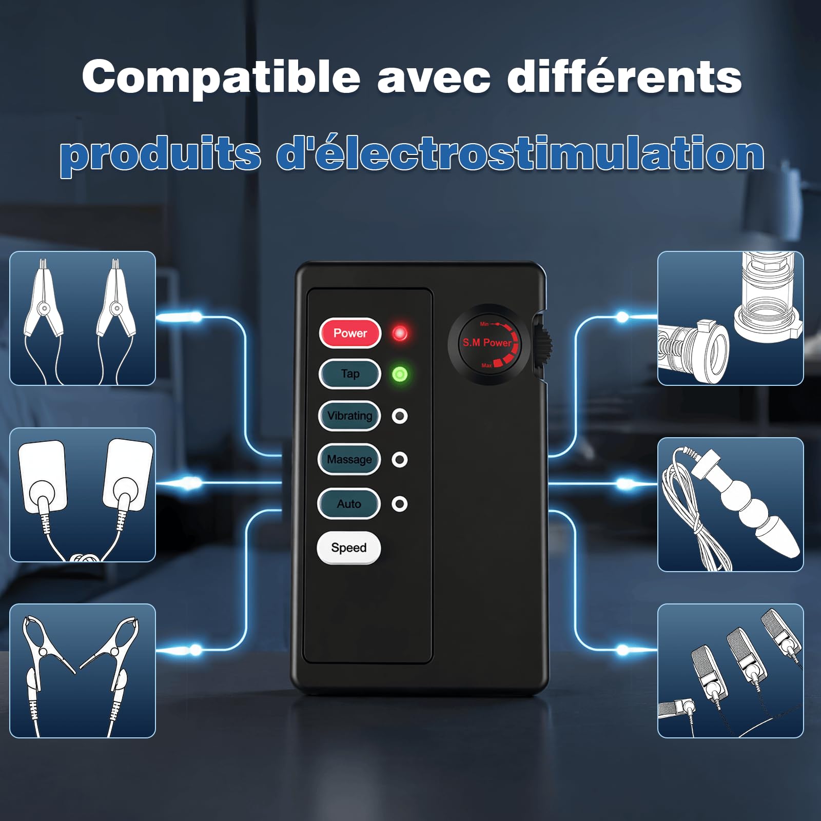 Unité de Contrôle d’électrostimulation Double Sortie 2,5 mm SM Jouet Sexuel | Boîtier de Commande pour Électrostimulation Connecter Simultanément Deux Accessoires Compatible avec la Plupart Réglable