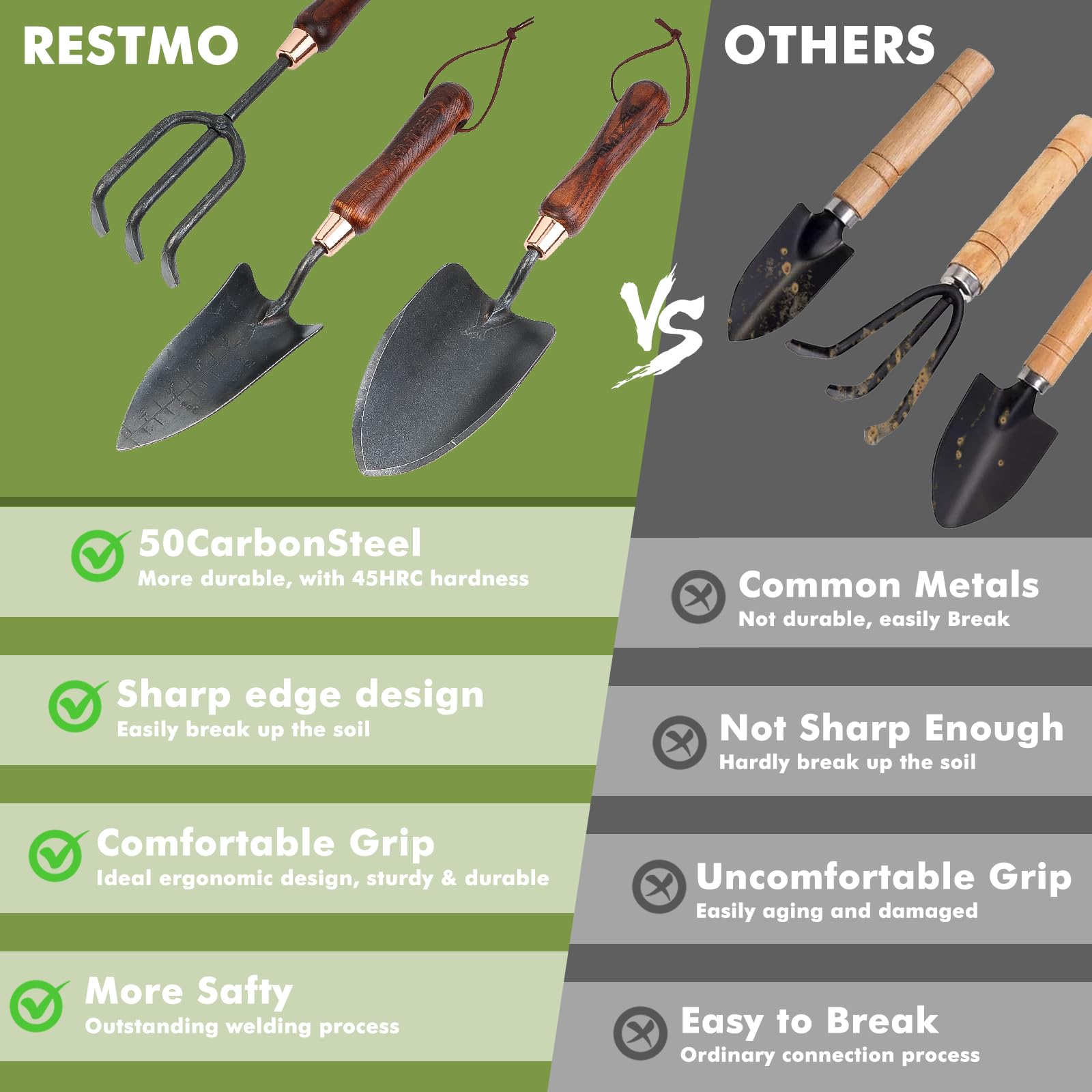 RESTMO Kit di attrezzi da giardinaggio resistenti, confezione da 3 pezzi, con manico in legno, include cazzuola, pala da trapianto, sarchiatore per aiuole, piante in vaso, orto, regalo ideale per il