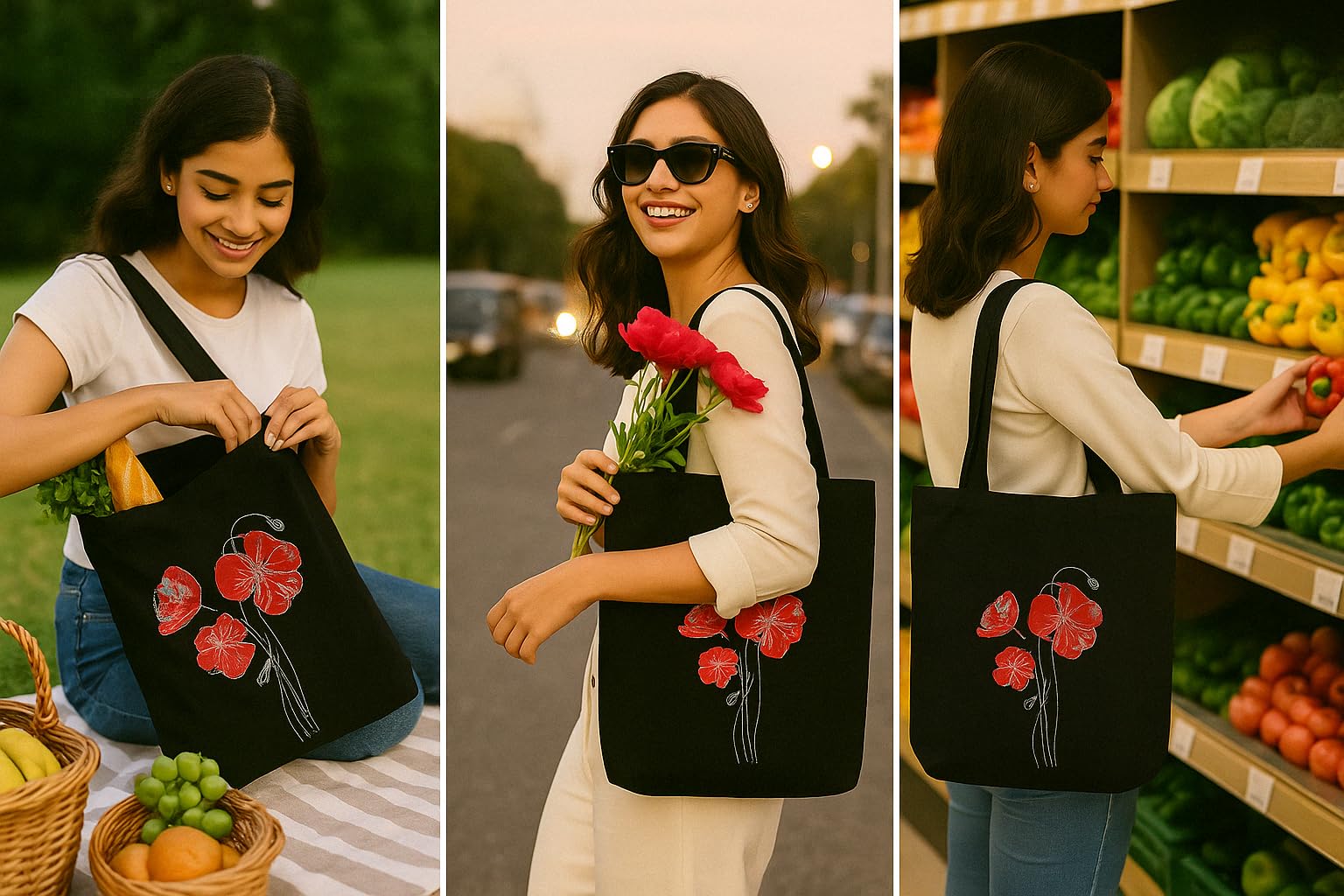 MASQ By Q-One Embroidered Poppy Flower Canvas Large Utility Tote Bags For Women With Zip, College Bag For Girls, 100% Organic Cotton Tote Bag For Traveling & Daily Use Gifts For Women And Girl 1