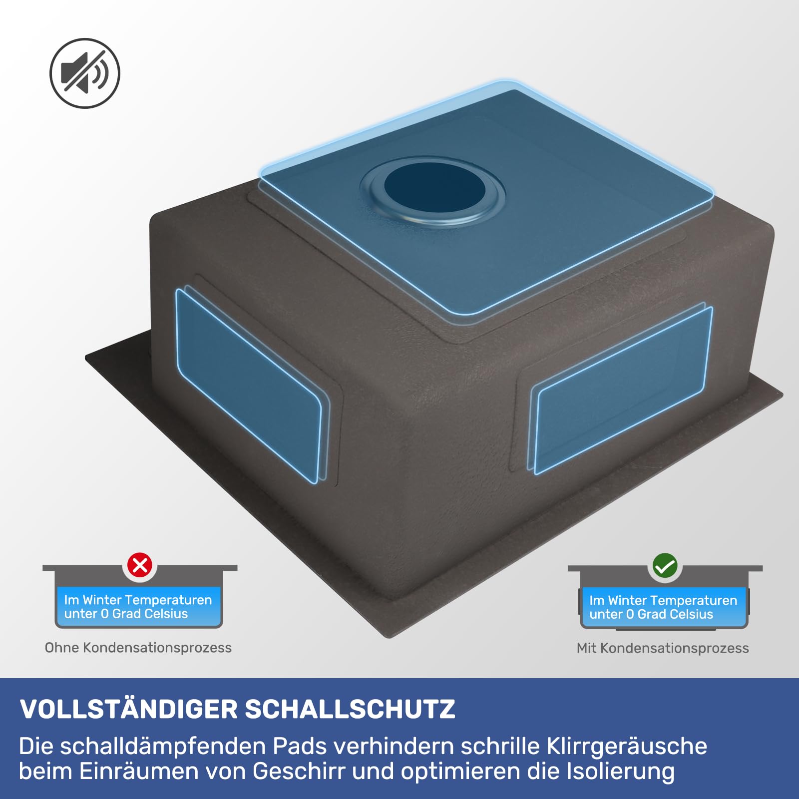 BONADE Spülbecken Schwarz 50 x 45 cm, Küchenspüle Rechteckig, 1 Becken klein, Spüle Küche mit Ab- und Überlaufgarnitur, Moderne Einzelbecken mit 2 Hahnlöcher