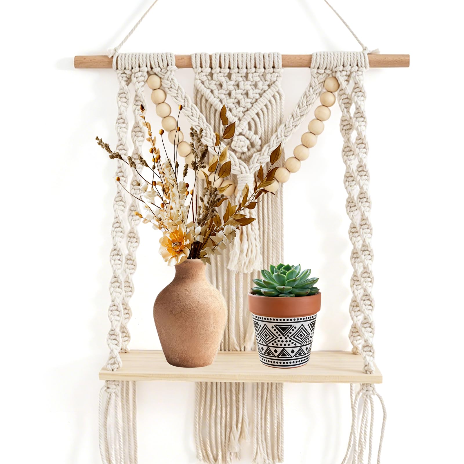 Étagère murale en macramé boho et support flottant de plante en bois