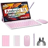 Android 15 Tablet, 10 Inch 18GB RAM+128GB ROM/ 2TB Expandable Tablet, 2.0GHz Quad-core Processor, 1280*800 HD Touch Screen, 5G WiFi6 BT 5.0, 2 in 1 Tablets with Keyboard Case Mouse Stylus Pink
