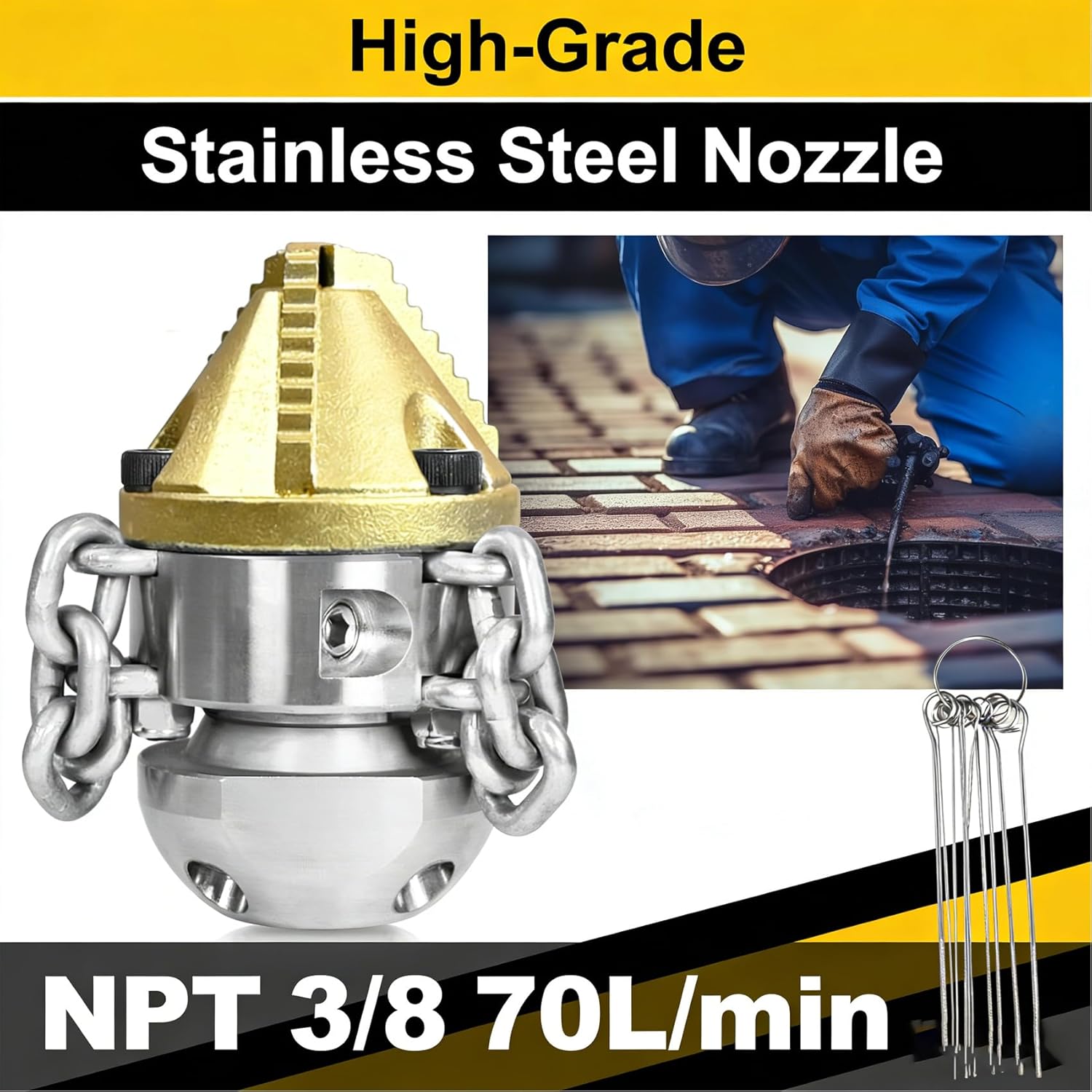 Anrain 3/8" NPT Sewer Jet Nozzle, 70L/min High-Pressure Drain Cleaner with Sharp Tip & Removable Chains, Compatible with 70L/min Pressure Washers for Pipe Blockages (Roots, Deposits)