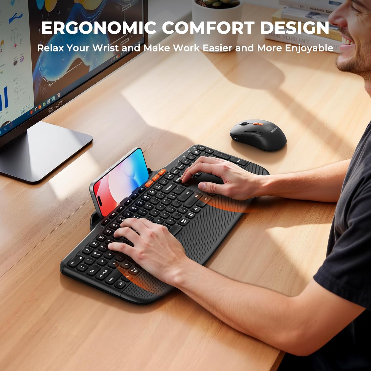 MEETION Wireless Keyboard and Mouse, Ergonomic Keyboard with Wrist Rest, Tablet Holder, Scissor Keys, USB/Bluetooth Rechargeable Keyboards, 4DPIs Mouse, for Windows/Mac/PC/Laptop/Phone/Tablet