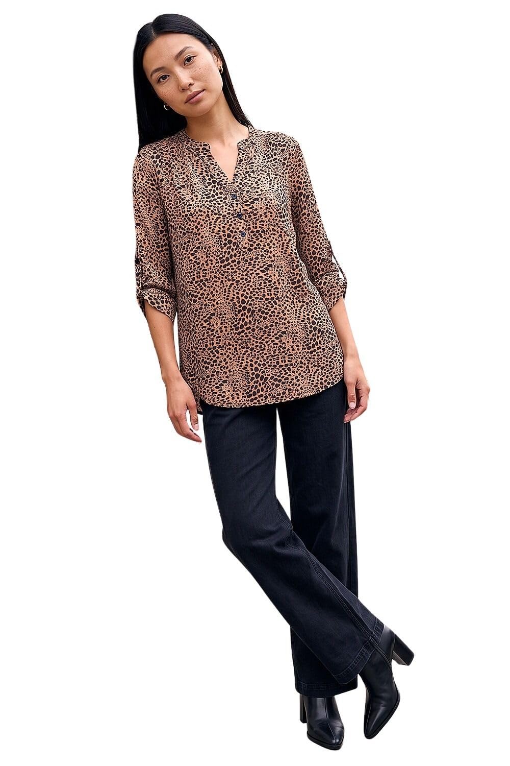 Roman Women's Beige Animal Print Stretch Blouse In | Size: 16