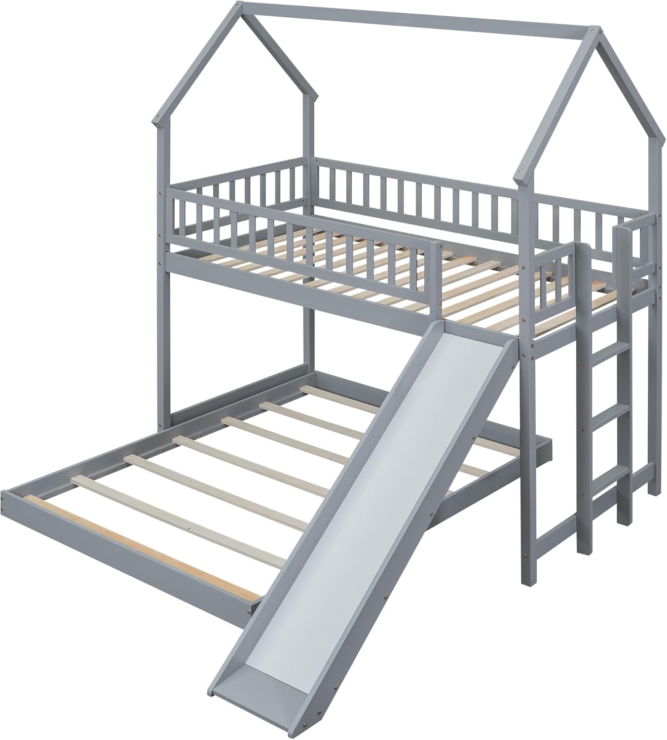 Bellemave Twin Over Full Bunk Bed with Slide and Ladder, showing bed frames and slats