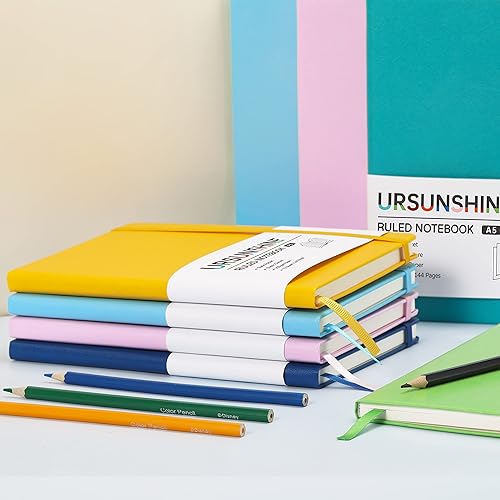 Miniatura 6 de Cuaderno a rayas, diario clásico, 5.7 x 8.4 pulgadas, tapa dura, papel grueso, doble espiral, bandas, soporte para bolígrafo, bolsillo