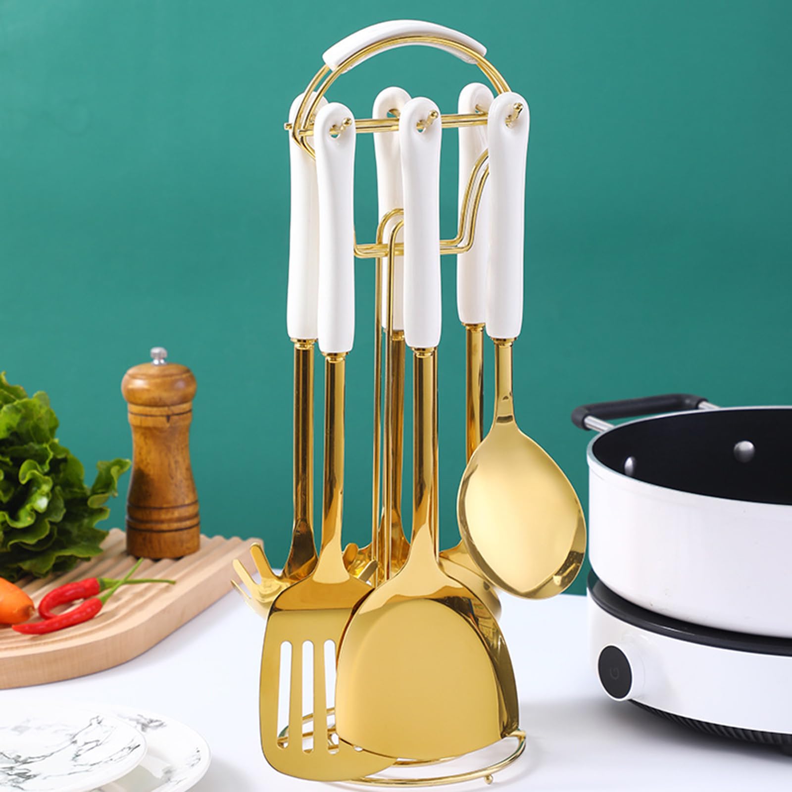 Juego De Utensilios De Cocina De 7 Piezas con Soporte, Mango De Cerámica Antiadherente Resistente Al Calor, Juego De Utensilios De Cocina De Acero Inoxidable, Utensilios De Cocina