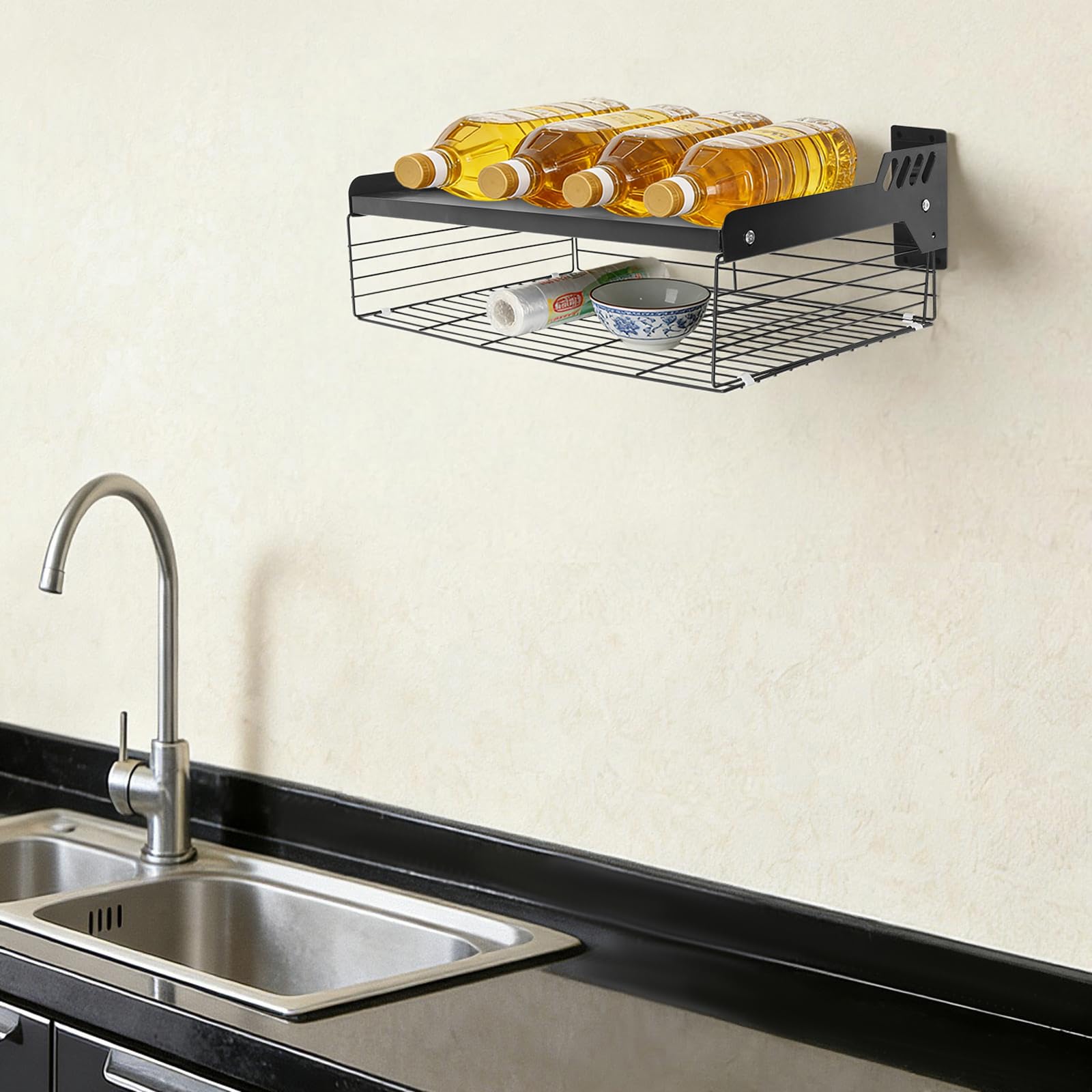 Mikrowellenregal Wandmontage ohne Bohren, 55x35x20cm Kohlenstoffstahl Küchenregal mit 33 lbs Tragfähigkeit, schwarzes Wandregal für Mikrowelle, Toaster, Backzubehör – bohrfreie Montage