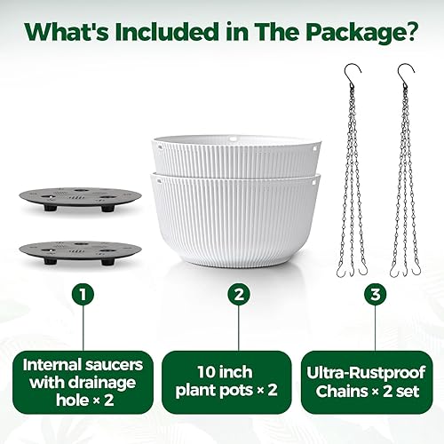 Miniatura 6 de T4U Macetas colgantes de 10 pulgadas para plantas de interior y exterior paquete de 2 macetas colgantes blancas con riego automático juego de
