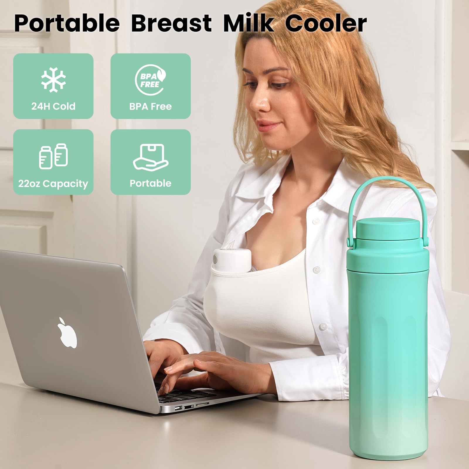 Refroidisseur de lait maternel portable de 650 ml pour le travail et les voyages, refroidisseur de lait maternel avec refroidissement total à 360° pendant 24 heures et double biberon étanche
