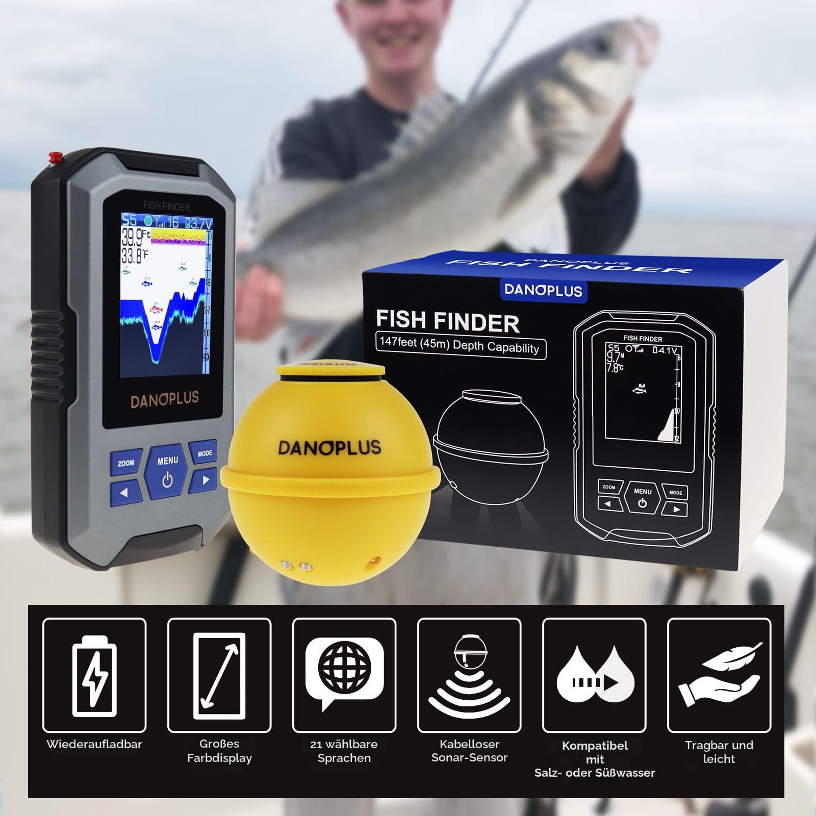 Kabelloser Fischfinder Tragbarer Fischfinder Sonar-Sensor 45 m Tiefenerkennung Wiederaufladbare Tiefenfinder Kajak Angelzubehör für Meeresangeln, Eisfischen, Bootsangeln