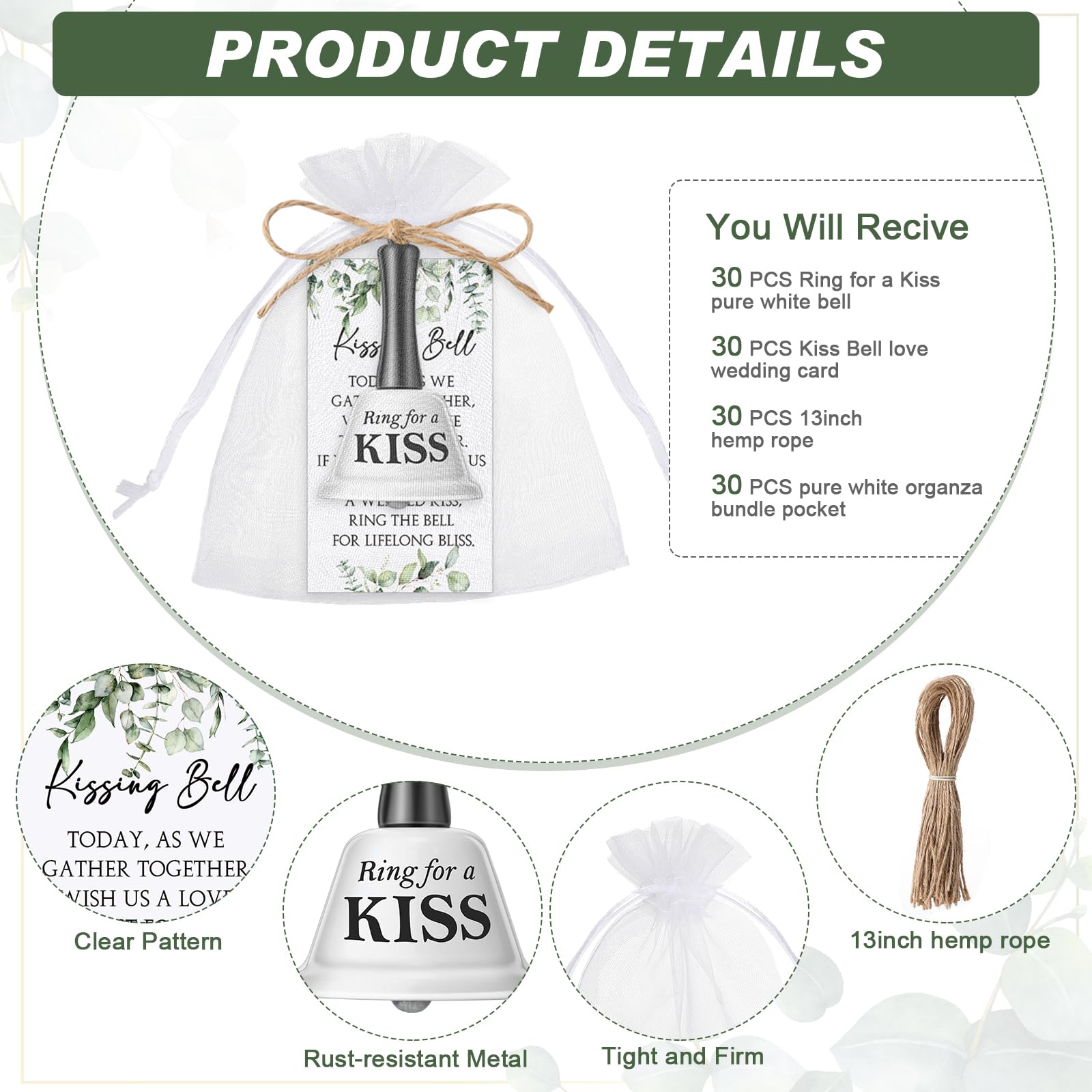 Lounsweer 30 Sets Wedding Kissing Bells Bulk Wedding Party Favors for Guests Ring for a Kiss Bells with Greenery Card Organza Bag Jute Rope Mini Bells for Wedding Reception Favor Goody Bag Supplies