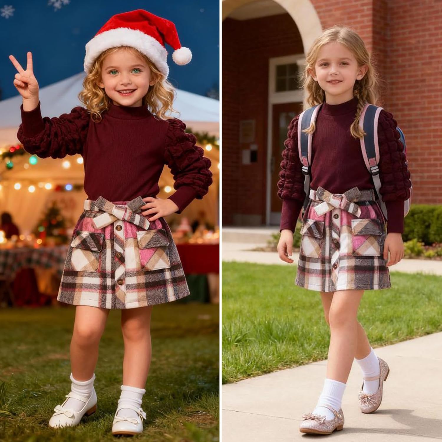 Toddler Girls Plaid Outfits Skirt Set Girl Fall Winter Clothes Puff Sleeve Knit Ribbed Sweatshirt Tops Plaid Skirt Set - Image 3