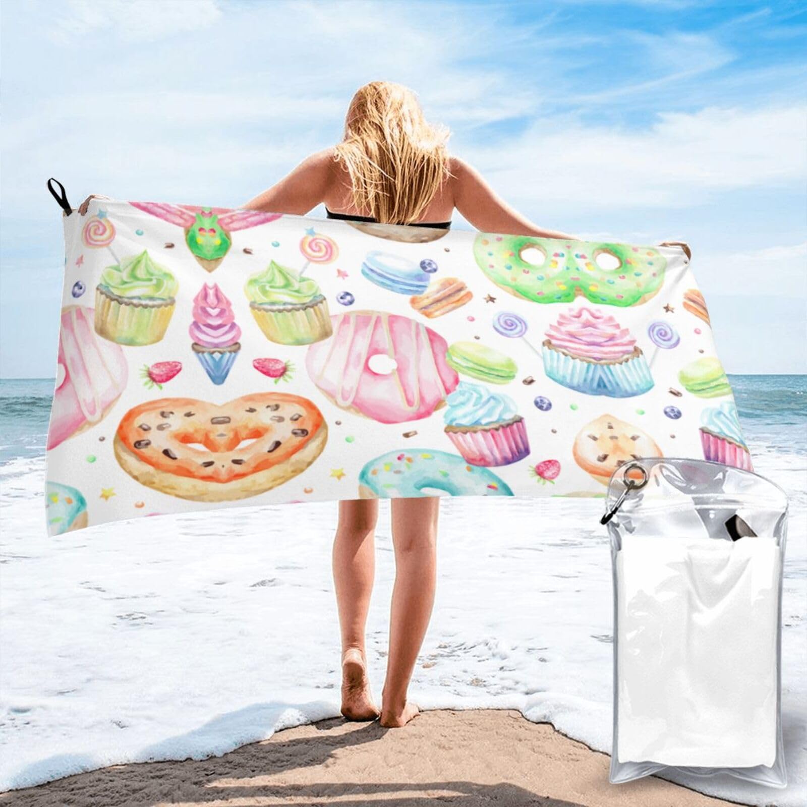 DIEzig Cupcakes Donuts Muffins Sugar Print Beach Towel Fast Dry Thin For Holiday Vacation Cruise Gym Swimmers