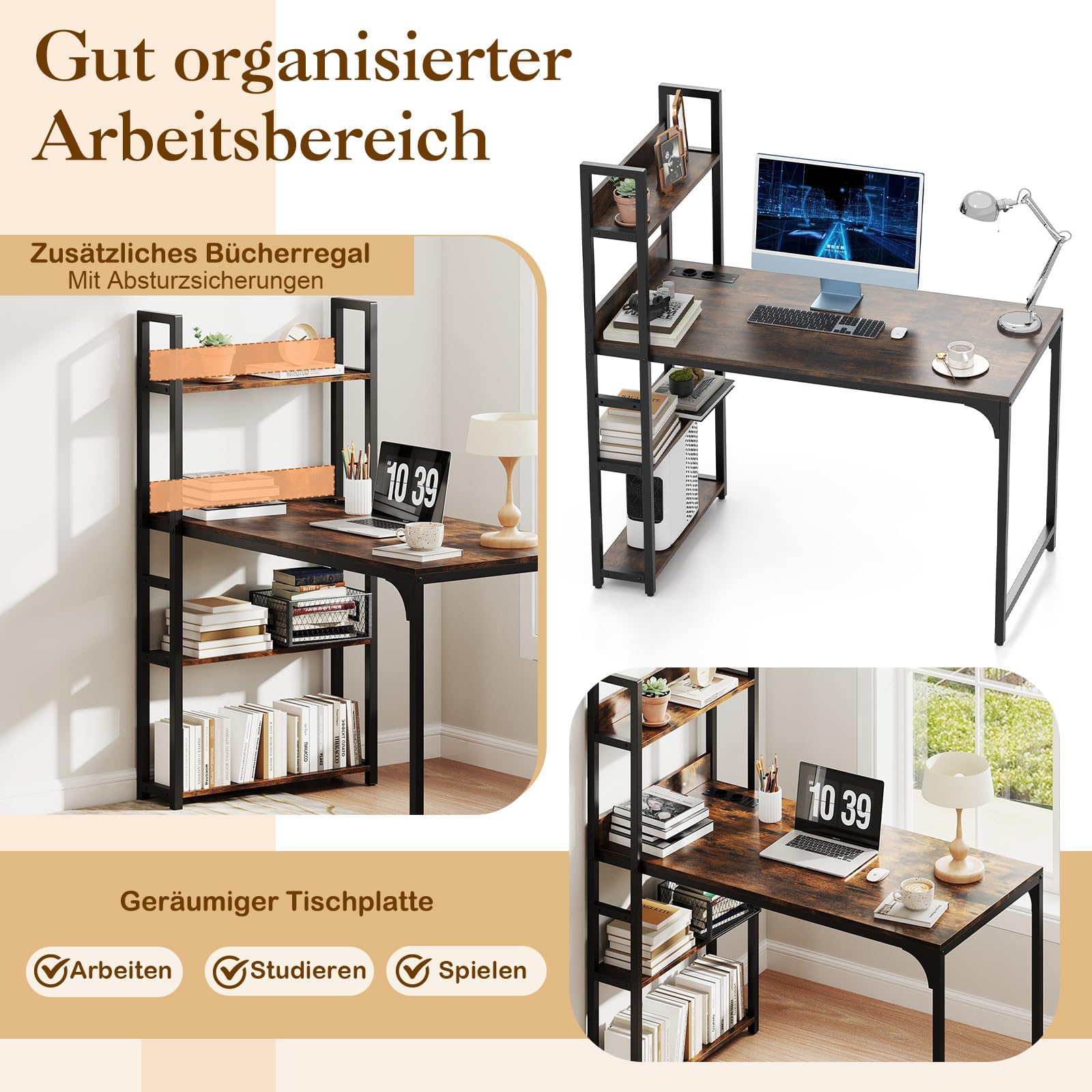 FANTASK Bureau avec bibliothèque Ouverte, Cadre en métal, Port USB et Prise de Courant, 120 x 65 cm, pour Bureau et Salon, Marron