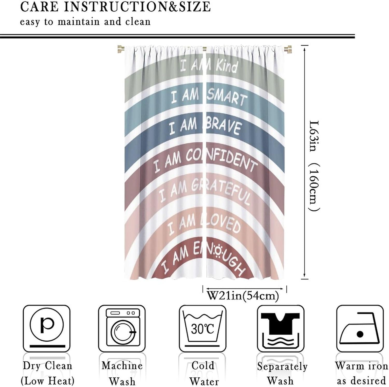 YungHo Boho Rainbow Curtain, Classroom Book Center Calming Corner Playroom Decor, I Am Kind Smart Brave Home Girls Room Blackout Window Treatment, Colours 21" W x 63" L x2【Blackout】