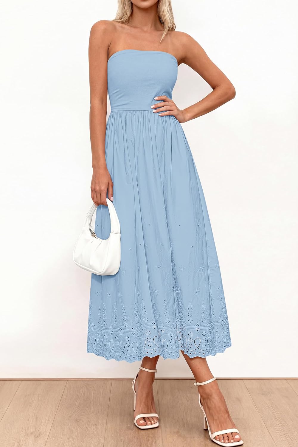 PRETTYGARDEN Womens Summer Dresses 2026 Sexy Sleeveless Tube Top Long Dress Eyelet Cotton Maxi Beach Sundress Pockets
