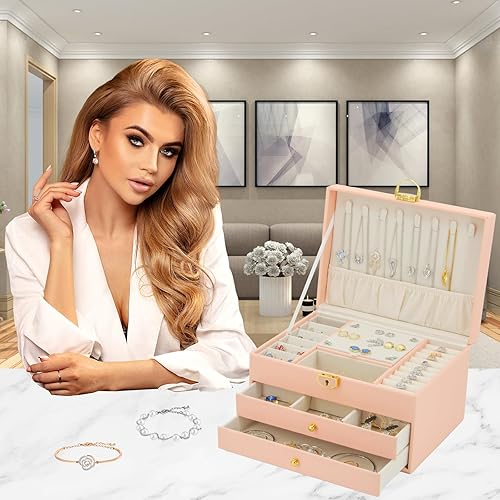 Miniatura 6 de KOOAAICCHI Joyero para mujer, organizador de joyas de 3 capas, estuche de almacenamiento de joyas de piel sintética para aretes, pulseras, anillo,