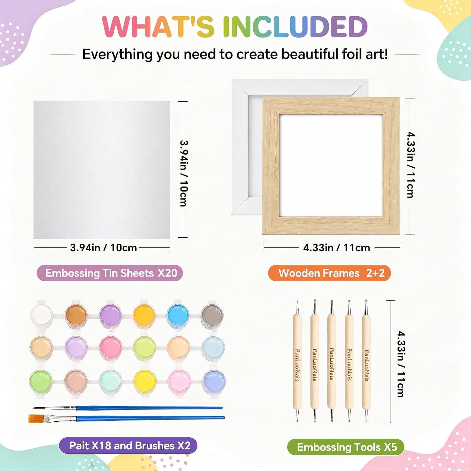Tin Embossing Art Kit with Frames 20 Aluminum Embossing Foil Sheets, 5 Embossing Tools, 18 Color Paint Set for Foil Art, DIY Craft Projects and Handmade Artwork Display