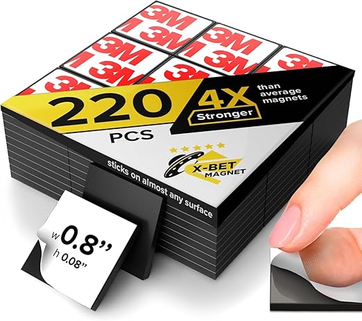 Hyper-Sticky Magnets with Adhesive Backing - 220pcs 0.8x0.08 Strong Magnetic Squares for Whiteboard Fridge - Easy-to-Cut Stickers for Planning and Organization - Teacher Must Have - Teacher Supplies