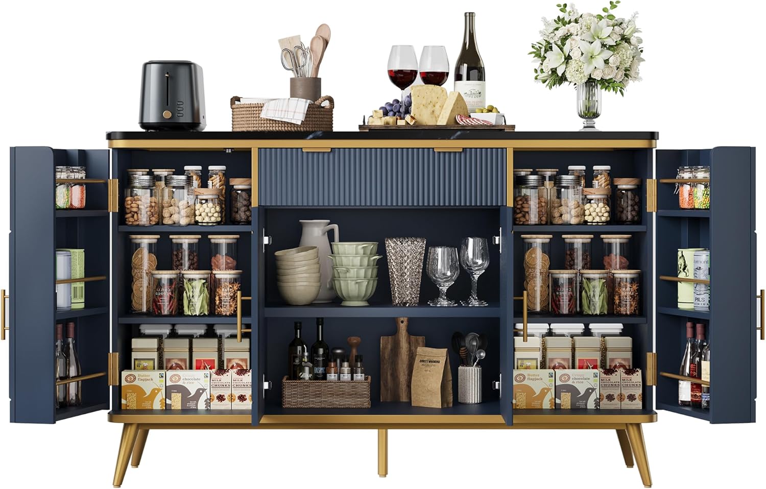 Fluted 54" Buffet Cabinet with Storage, Modern Coffee Bar Cabinet with Drawer and Adjustable Shelves, Luxury Sideboard Buffet Kitchen Storage Cabinet for Dining Room, Living Room, Navy Blue