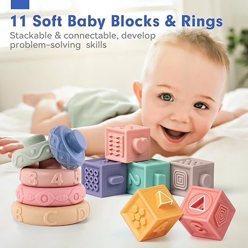Miniatura 6 de SpringFlower Juguetes Montessori 3 en 1 para bebés de 0-3-6-12 meses, sonajero mordedor y bloques para bebés y anillos blandos apilables, juguetes