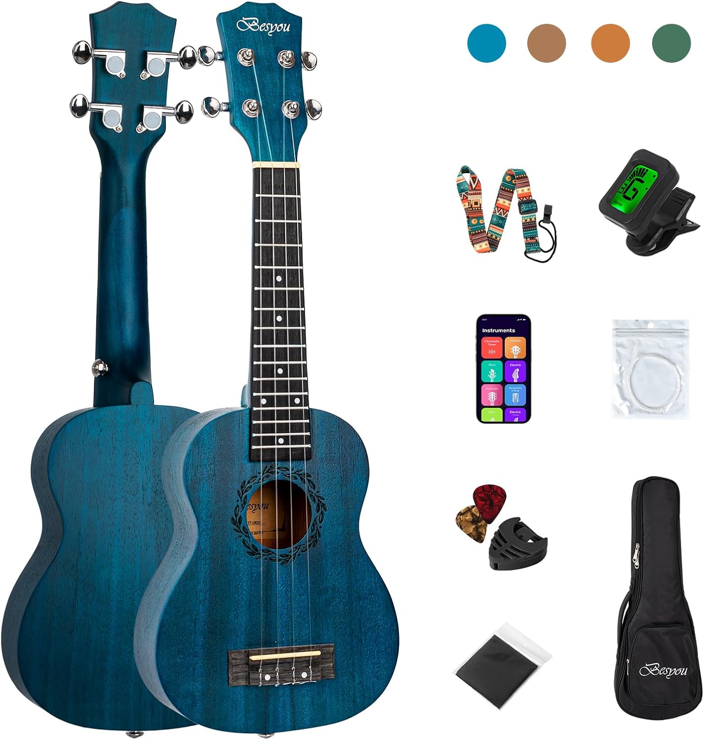 Soprano Ukulele Beginner Mahogany Ukelele Kit with Tuner Gig Bag Strap Carbon Nylon String Picks Cloth Gift Choice (Blue, 21 Inch)