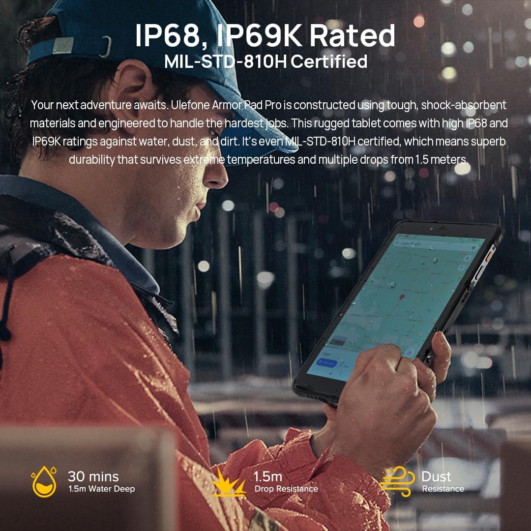 Ulefone Armor Pad PRO being used in a rainy outdoor environment, highlighting its IP68/IP69K and MIL-STD-810H ratings.