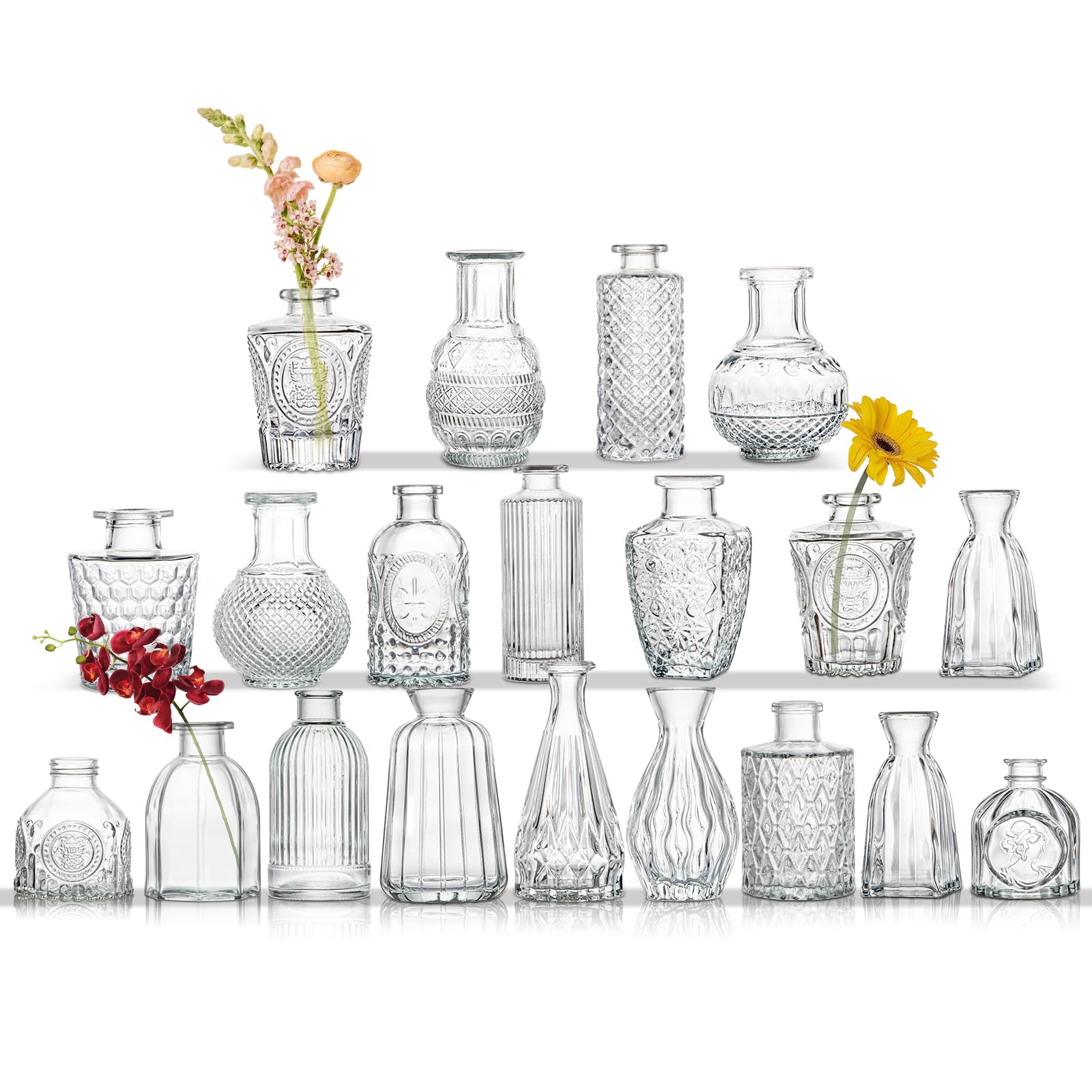 Oairse Mini Clear Glass Vases Set of 20 Vintage Embossed Bud Vases for Flowers, Small Decorative Glass Bottles for Table Wedding Centrepieces Party Home Room Decor