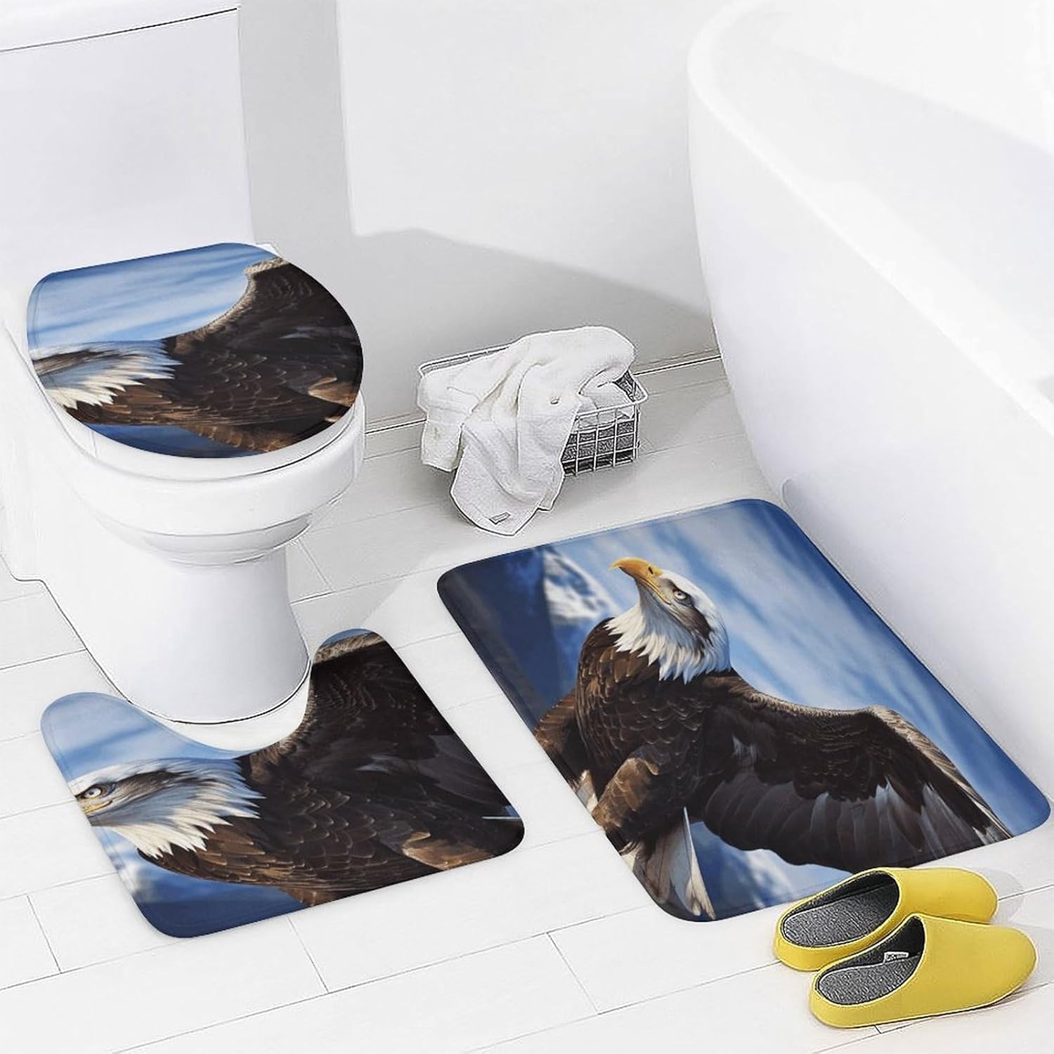 Eagle1 4Pcs Shower Curtain Set with Non-Slip Rugs, Toilet Lid Cover and Bath Mat,Bathroom Set Decor Accessories,Curtain Set with 12 Hooks, 72 X 72 Inch