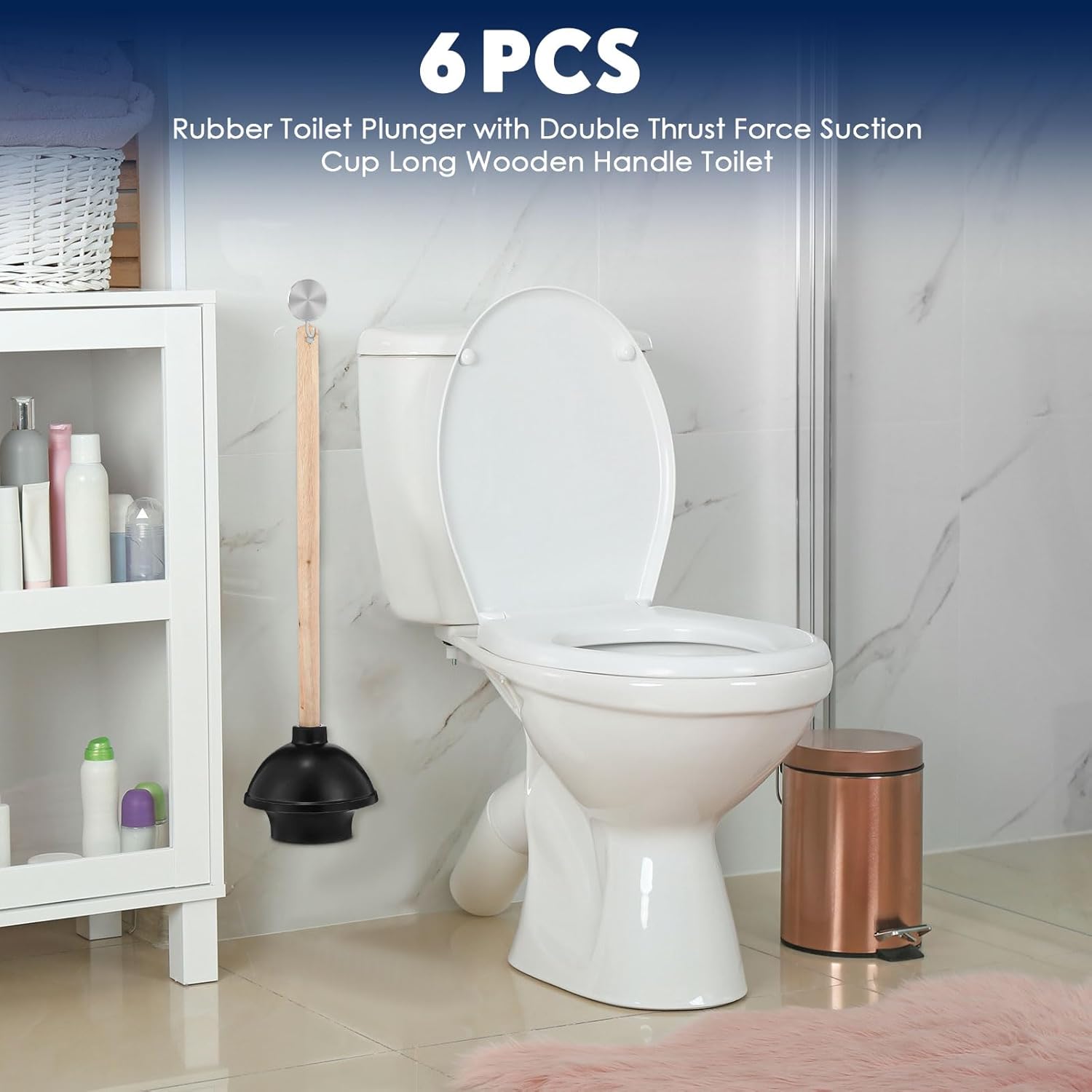 Dandat 6 Pcs Rubber Toilet Plunger with Double Thrust Force Suction Cup Long Wooden Handle Toilet Bowl Plunger Heavy Duty Pump Clogged Solution for Bathroom Stores Restaurants (Black)