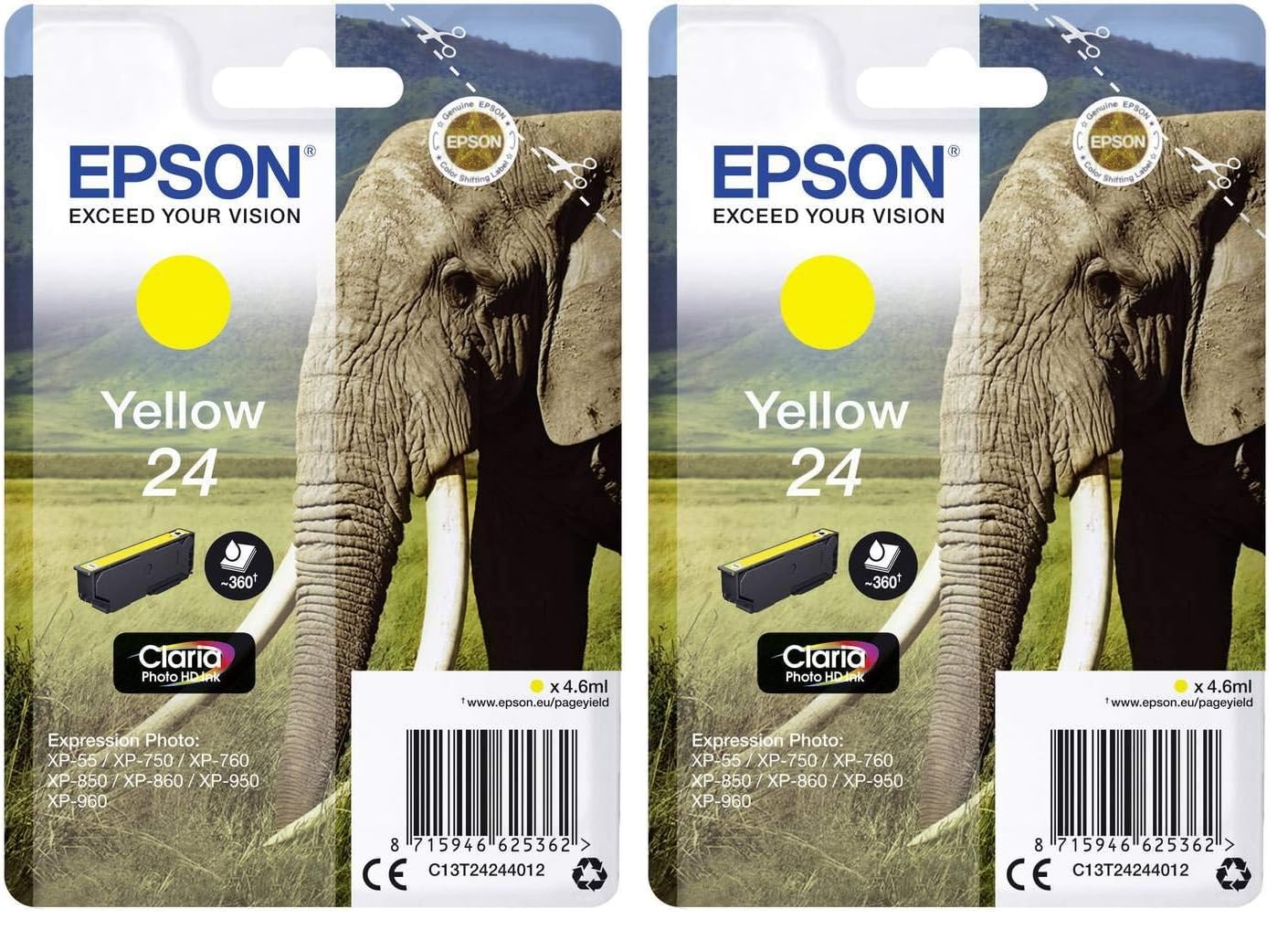 Epson Original 24 Tinte Elefant (XP-750, XP-850, XP-950, XP-55, XP-760, XP-860, XP-960, XP-970), gelb (Packung mit 2)