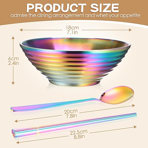 Miniatura 2 de Maxcheck Juego de 12 tazones de sopa de fideos de ramen arcoíris de acero inoxidable con cuchara y palillos a juego, accesorios para tazones de sopa